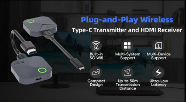 Plug-and-Play Wireless Type-C Transmitter and HDMI Receiver
