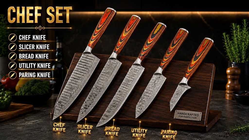 Hand-Forged Damascus Steel Chef Knife Set