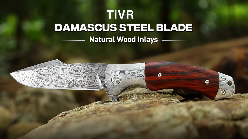 67-Layer Damascus Folding Knife with Rosewood Scales