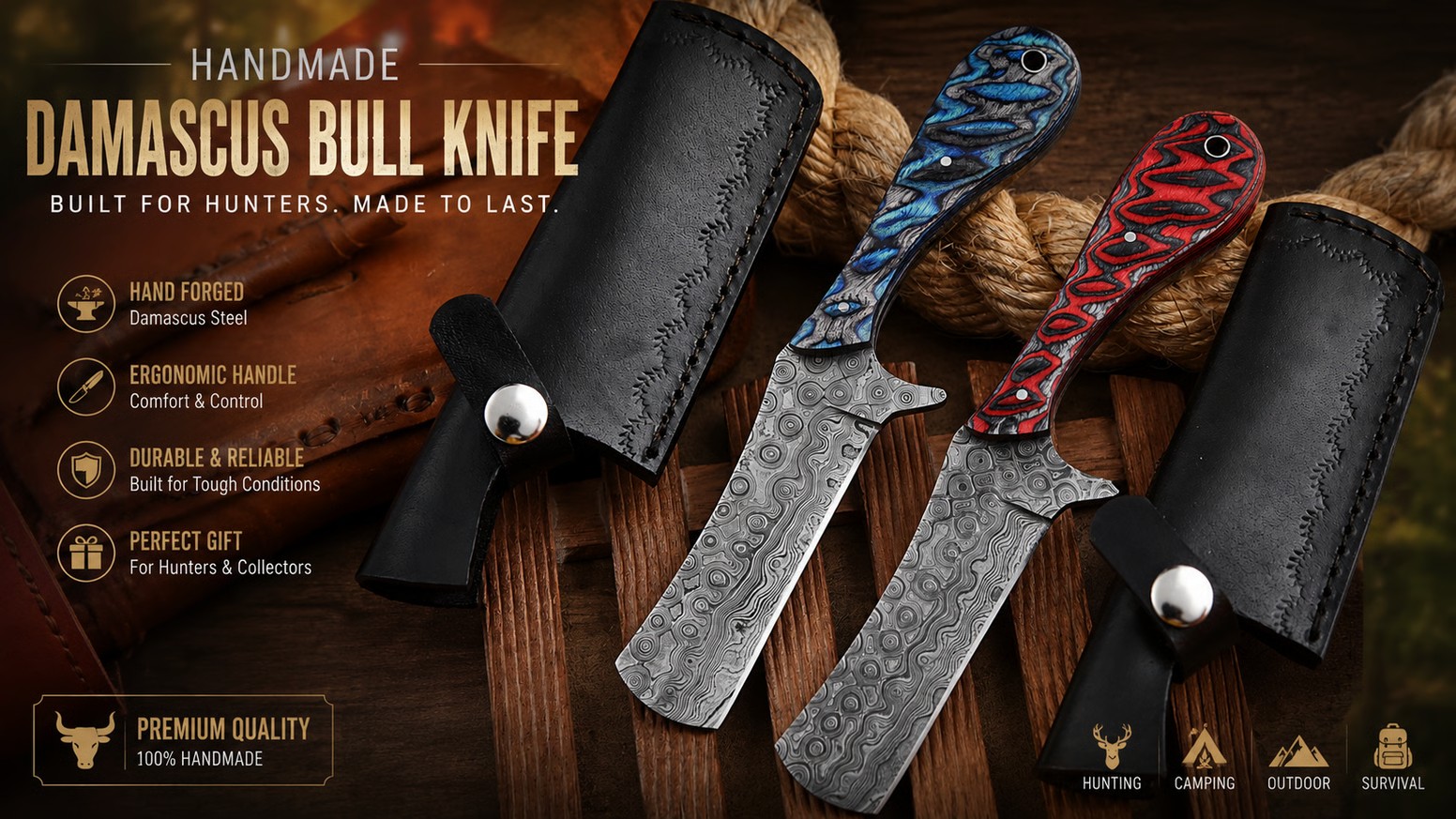 Bull Knife – Damascus Steel Fixed Blade with Leather Sheath.