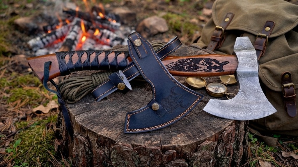 Handcrafted Damascus Steel Axe with Rosewood Handle