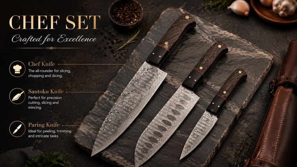 Handmade Damascus Steel Chef Knife Set With Leather Roll Kit