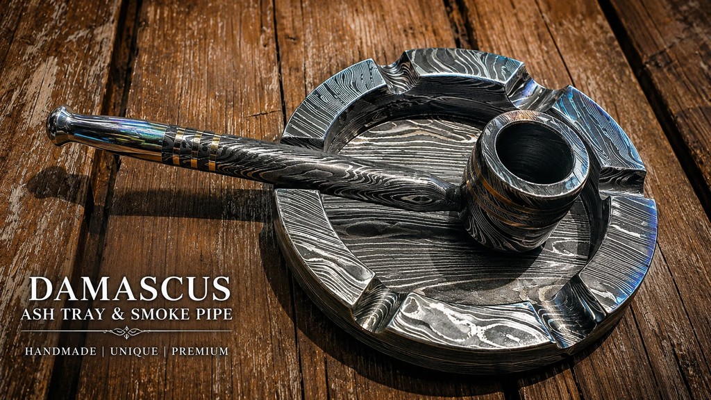 Luxurious Handcrafted Damascus Steel Ashtray Set